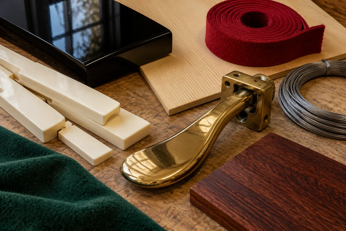 Black lacquer, pale keytops, red felt, spruce, piano wire and a brass pedal form a material arrangement.