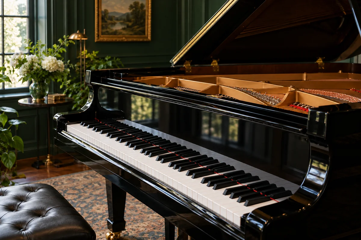 An unbranded black grand piano with accurate keys catches soft light beside a deep green wall.