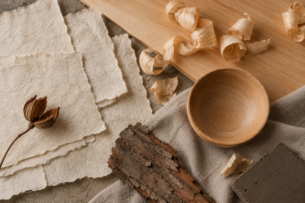 Fibrous washi, hinoki wood, a turned bowl, linen and bark arranged together.