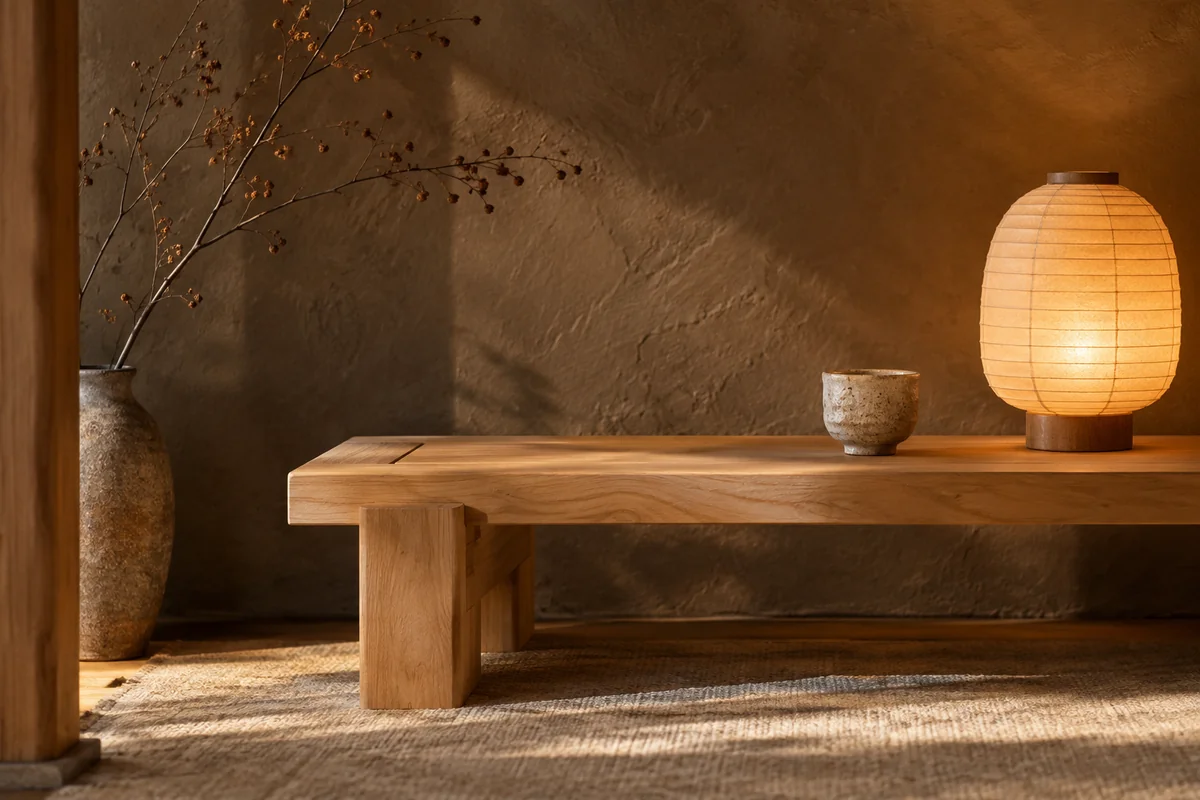 Hinoki bench, handmade cup and glowing washi lamp against plaster.