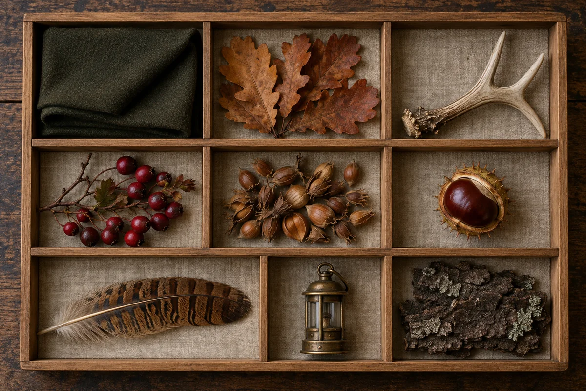 Loden wool, oak leaves, antler, hawthorn berries, nuts, a feather, brass and fir bark arranged in a wooden tray.