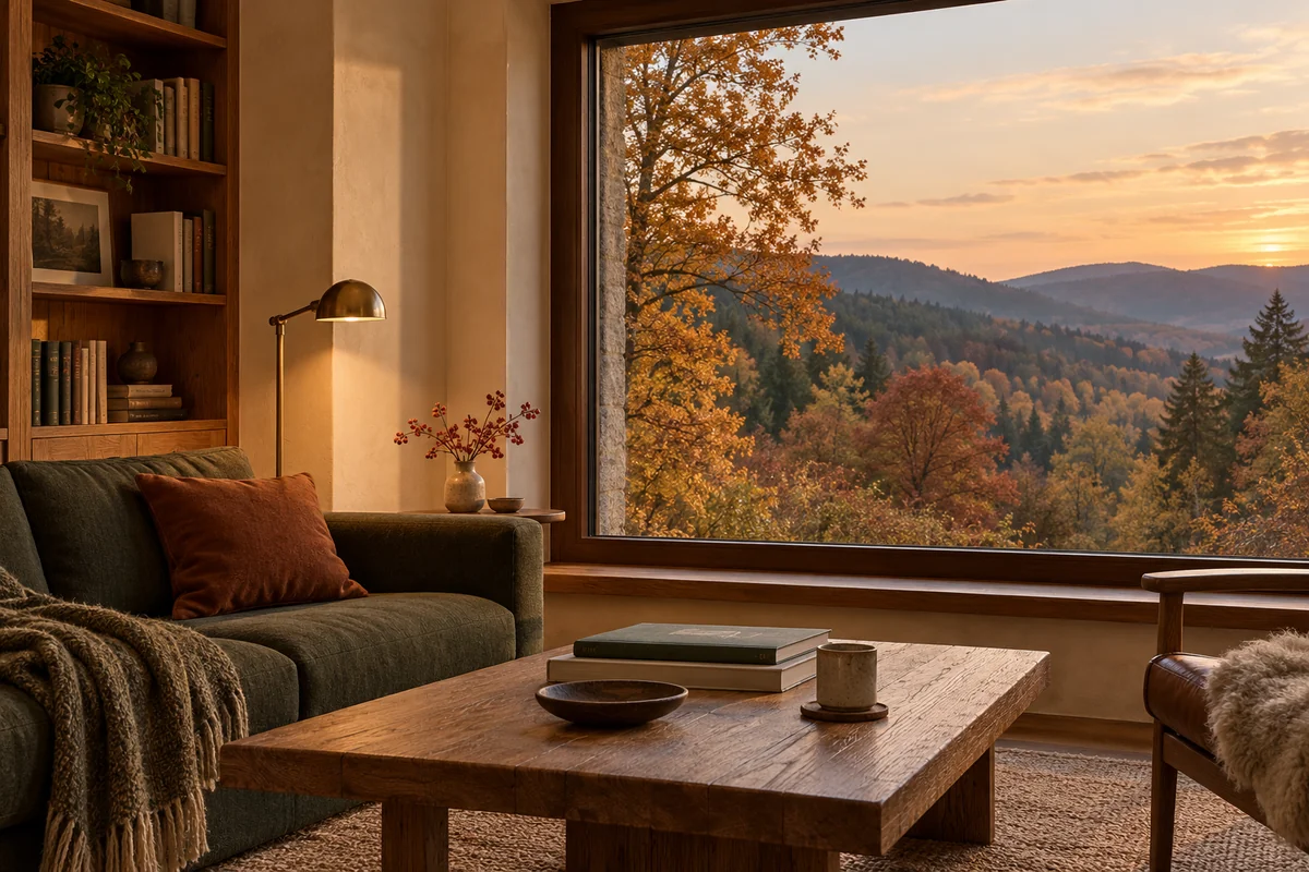 Pale plaster, a loden-green sofa, russet oak and a small hawthorn arrangement frame an autumn forest view.