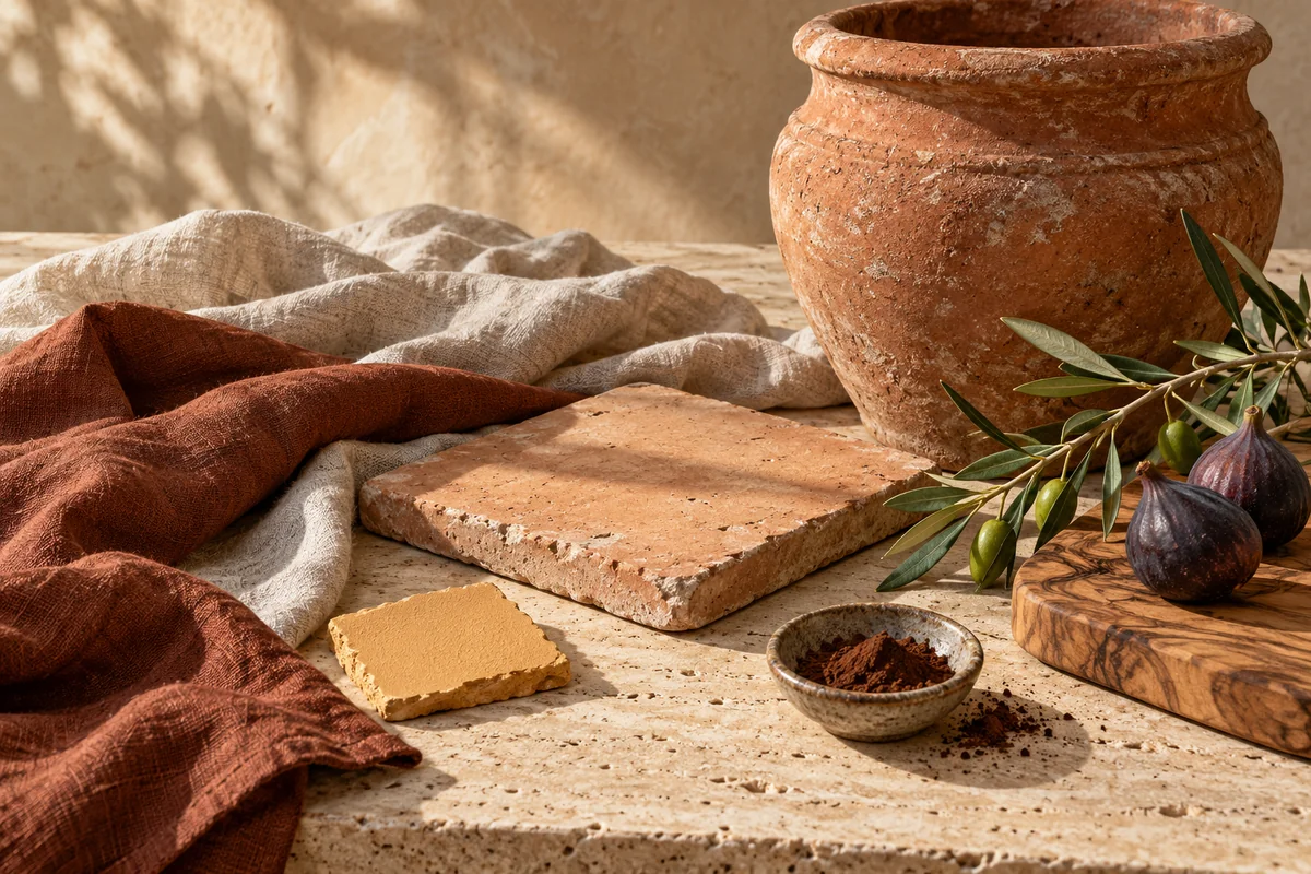 Terracotta pot, cotto tile, pale travertine, flax linen and an olive branch arranged in warm light.