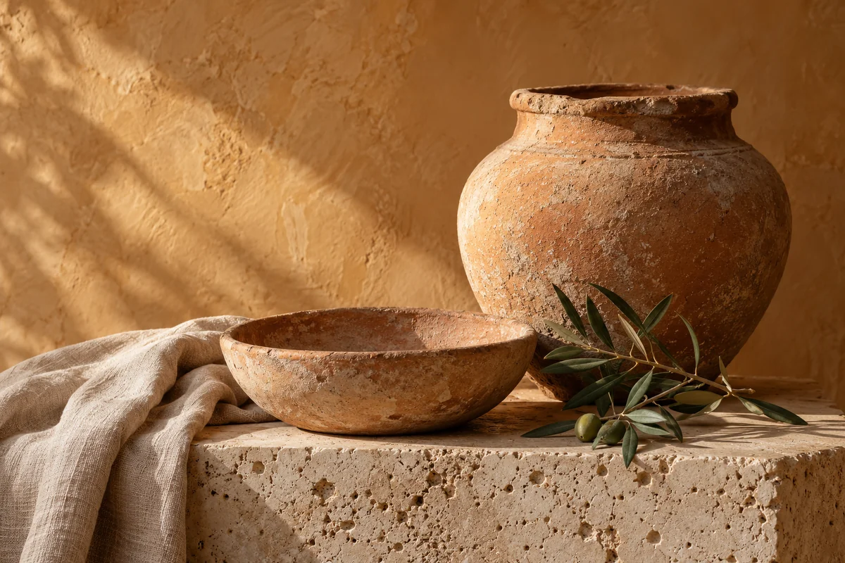 Two handmade terracotta vessels on a pale travertine plinth beside an olive branch and folded linen.