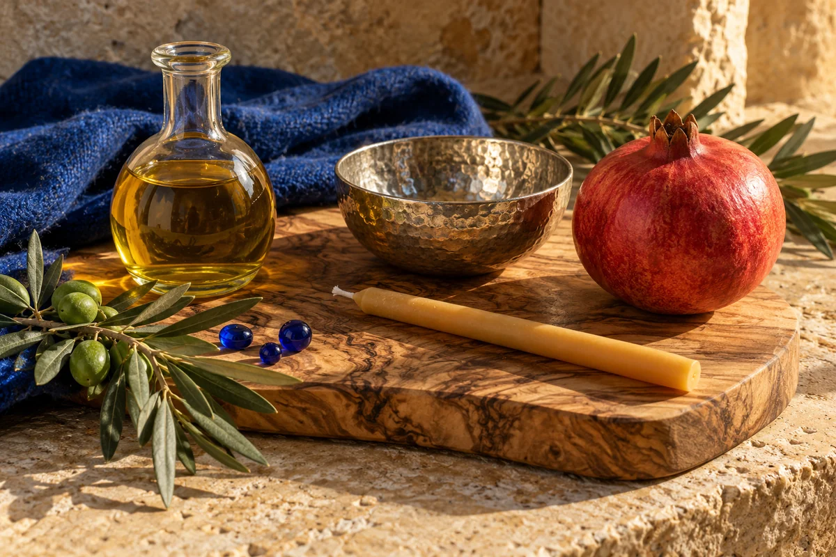 Olive wood, golden olive oil, blue wool, hammered silver, a pomegranate and olive leaves rest on warm limestone.