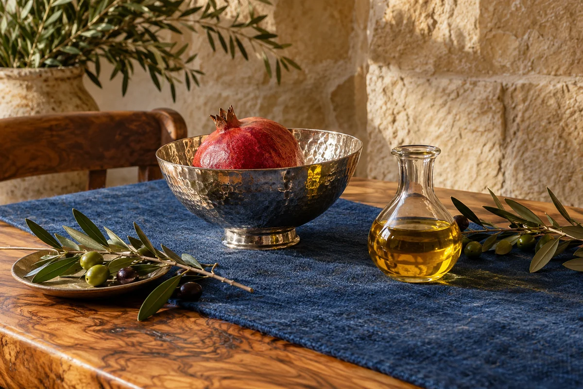 A hammered-silver bowl with a pomegranate rests beside olive oil and olive branches on a blue table runner.
