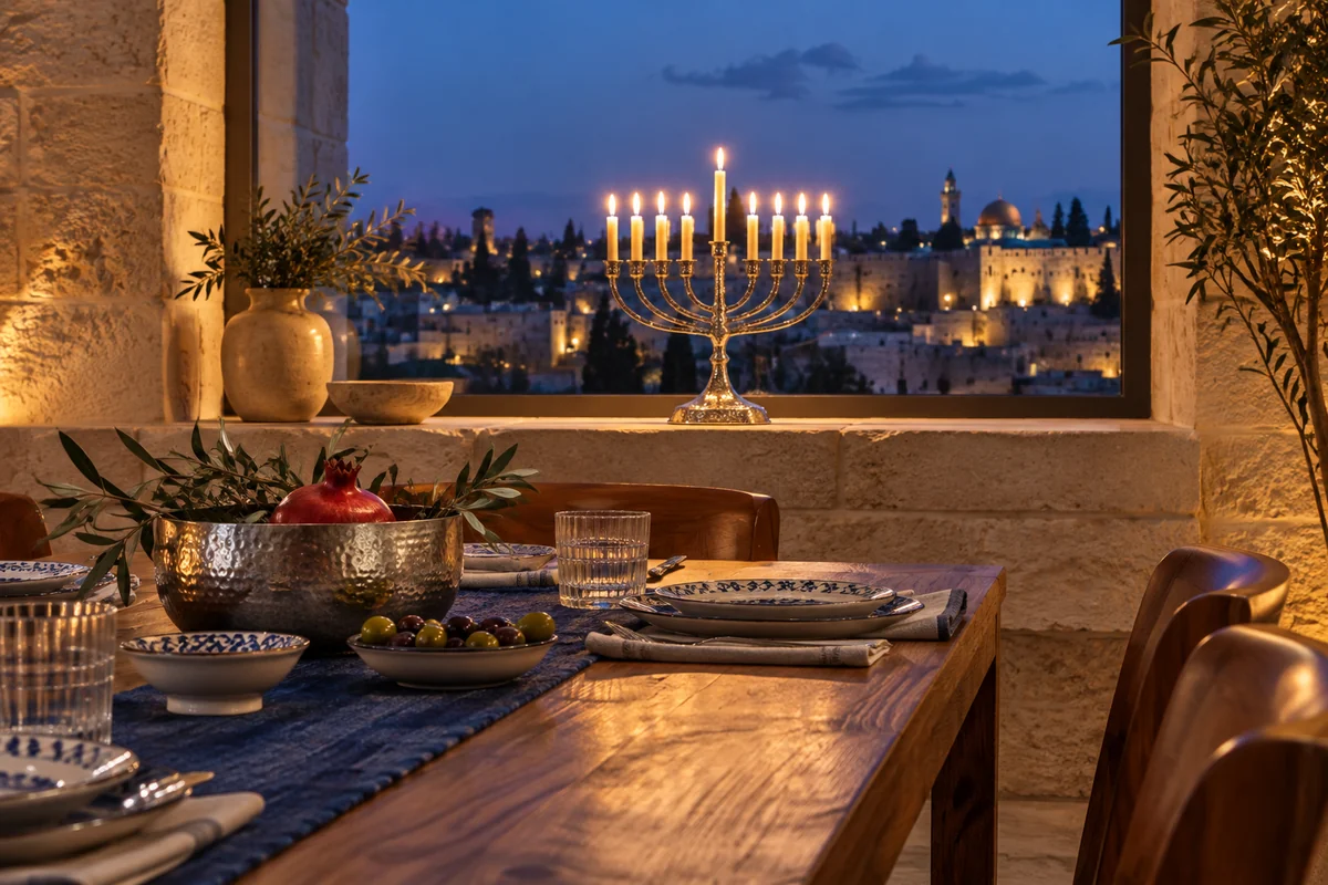 A limestone dining room with blue cloth and olive wood has a silver Hanukkah lamp with eight level candles and a raised central shamash.