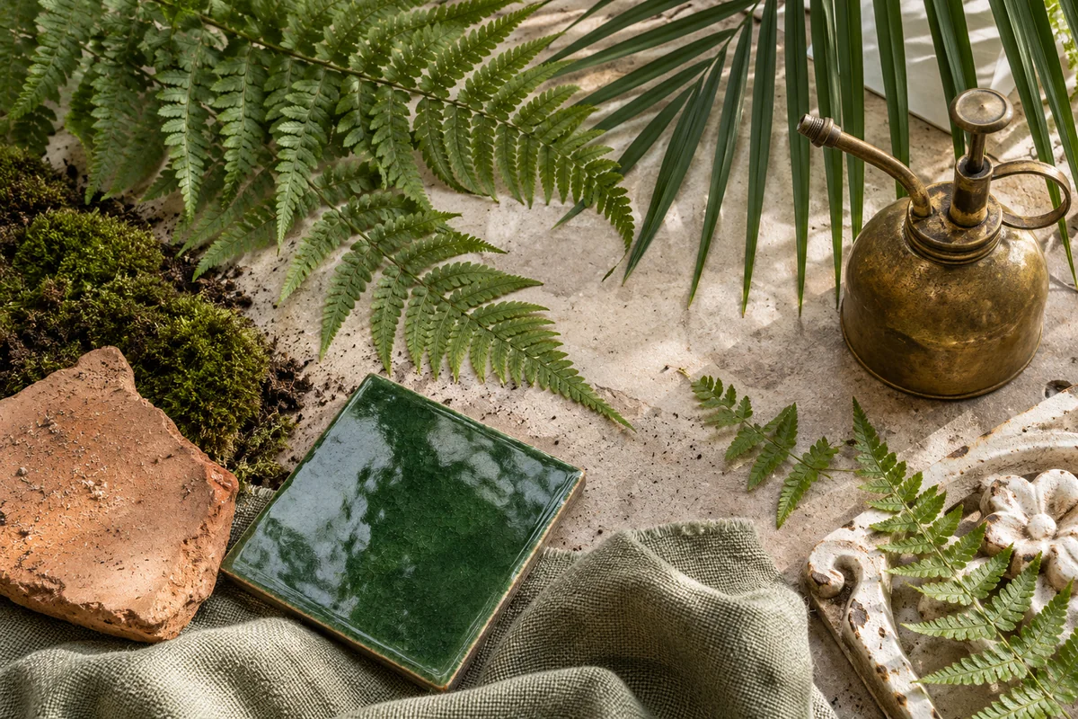 Fern, moss, terracotta, glossy green tile, sage linen and a brass mister.