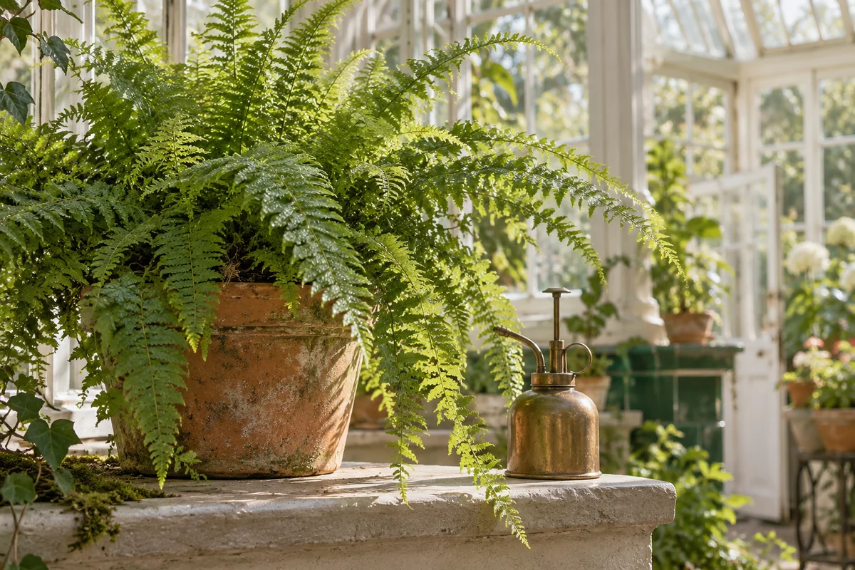Fern in a terracotta pot beside a brass mister and white glasshouse windows.