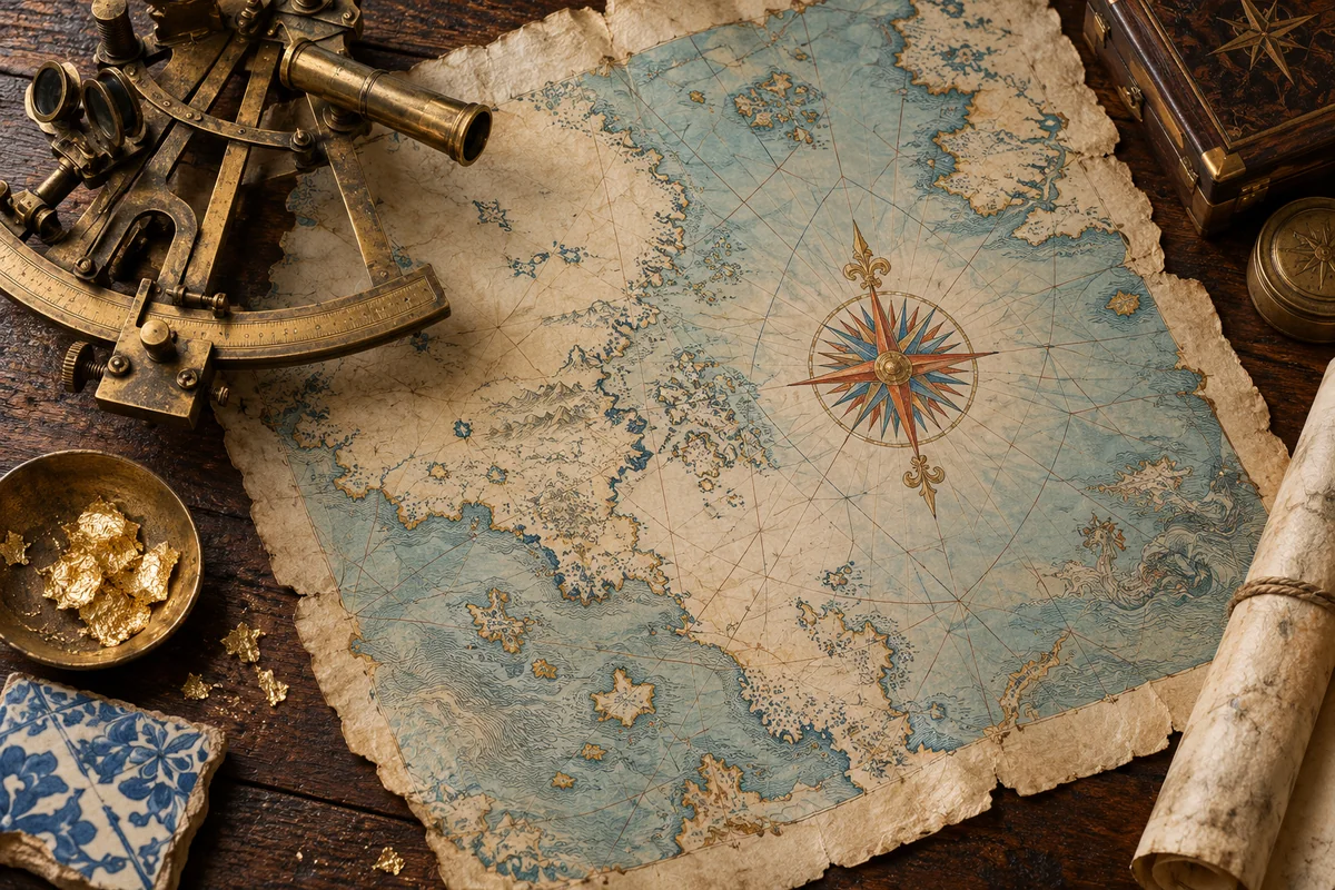 A decorative sea chart, brass sextant, blue azulejo tile and torn gold leaf arranged on dark teak.