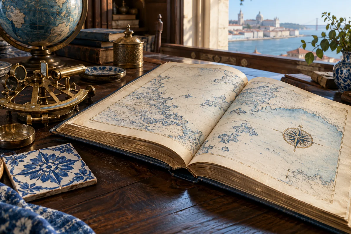An open atlas with blue coastal linework, a brass sextant and an azulejo tile on a dark teak table.