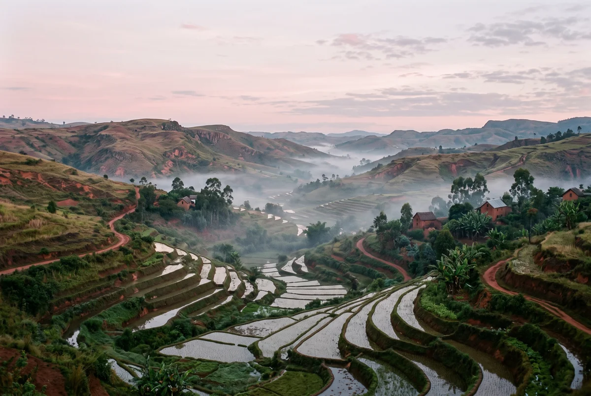 Terraced rice fields down a misty valley under a soft pink sky.