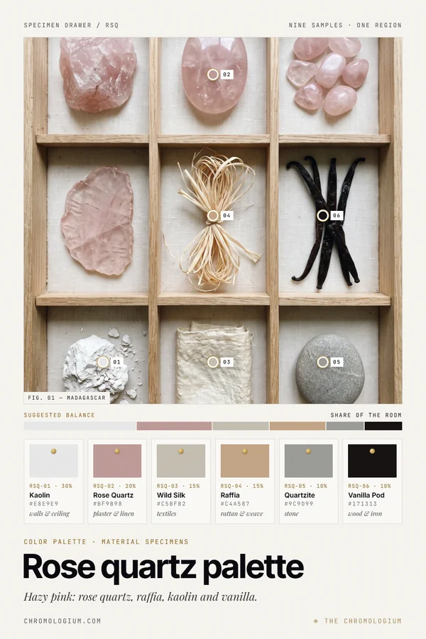 Overhead view of an oak specimen tray with nine compartments holding raw rose quartz, a polished pink palm stone, tumbled rose quartz, a thin rose quartz slice, a bundle of raffia, three vanilla pods, white clay, folded raw silk and a grey pebble, with six labeled paint chips and a proportion bar below.