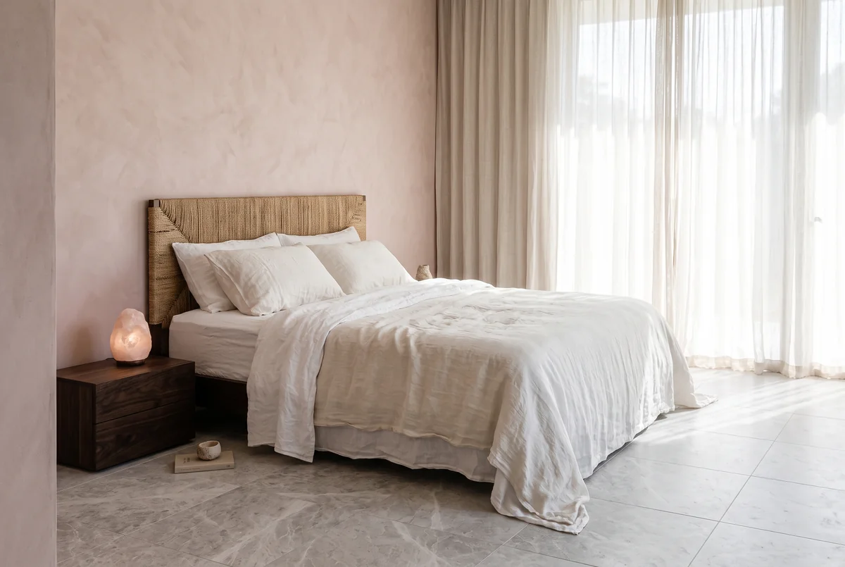 Pink plaster walls, a raffia headboard, undyed silk bedding, a dark wood bedside table and a glowing pink lamp.