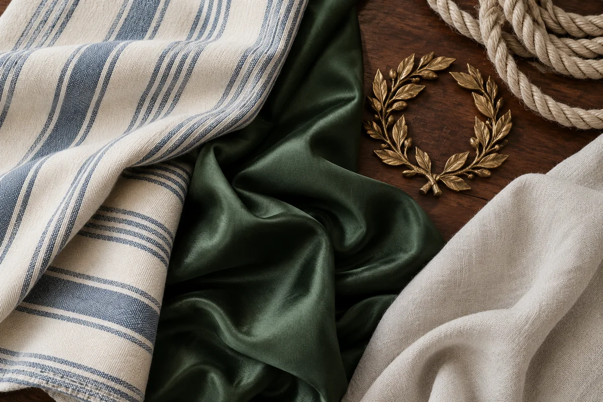 Striped ticking, ivory linen, rope, green silk, gilt laurel and mahogany.