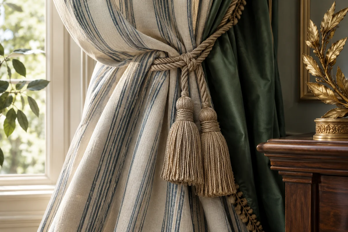 Striped cloth gathered beside deep green silk with rope trim and gilt details.