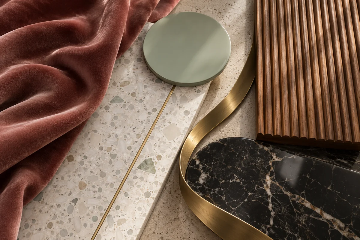 Rose velvet, pale terrazzo, eau de nil lacquer, ribbed walnut, brass inlay and black marble arranged together.