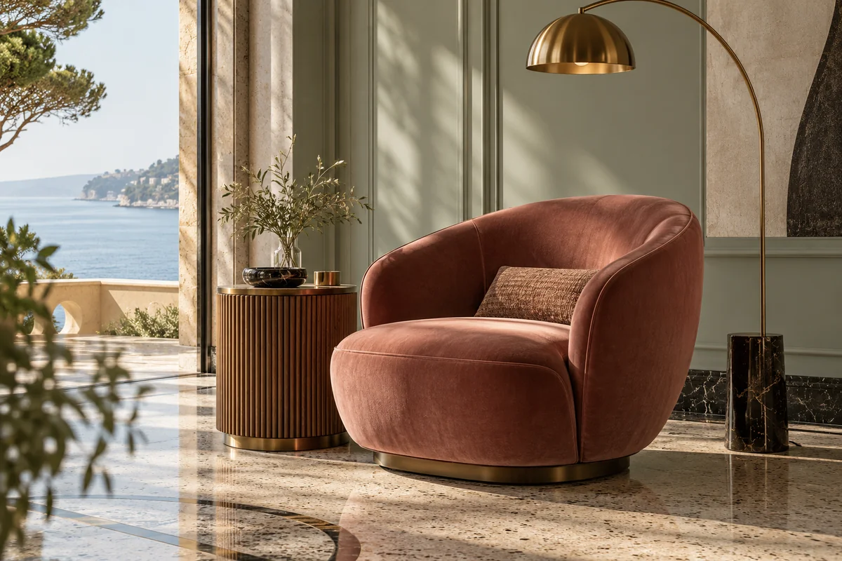 A curved rose armchair and ribbed walnut table beside a brass floor lamp, pale green wall and terrazzo floor.