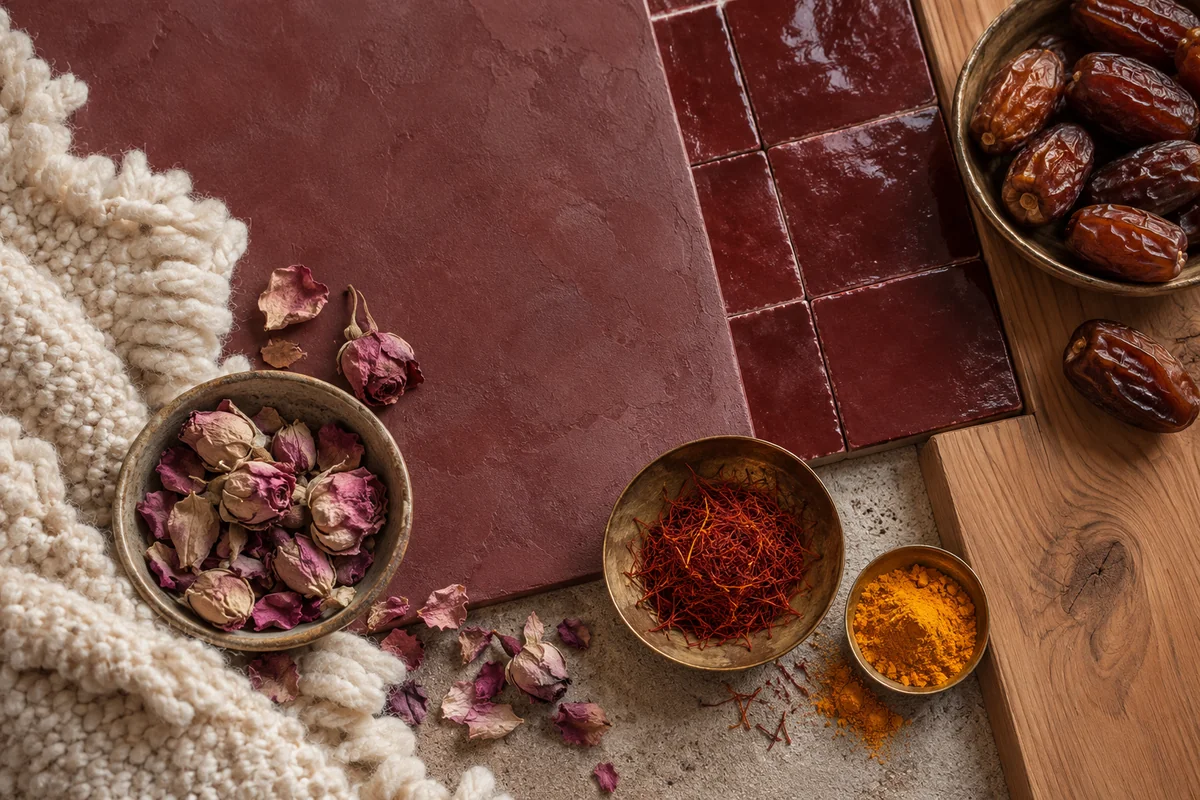 Oxblood plaster and tile, cedar, wool, rosebuds and small bowls of spices.