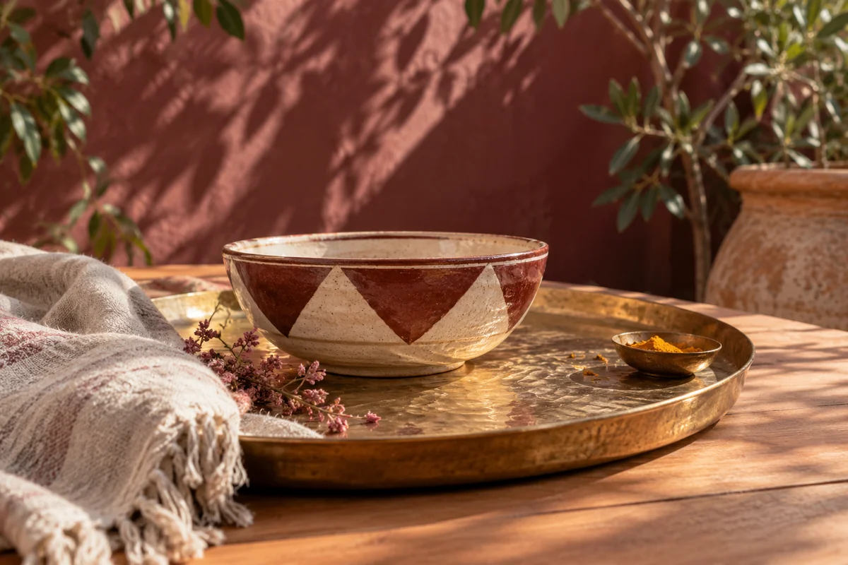 Handworked ceramic bowl on a brass tray and cedar table beside an oxblood wall.