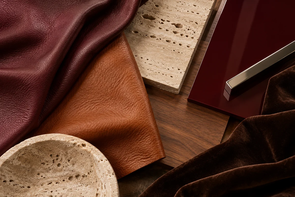 Burgundy and cognac leather, chocolate velvet, travertine, walnut and lacquer.