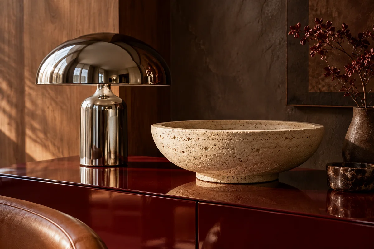 Chrome table lamp and travertine bowl on a glossy burgundy console.