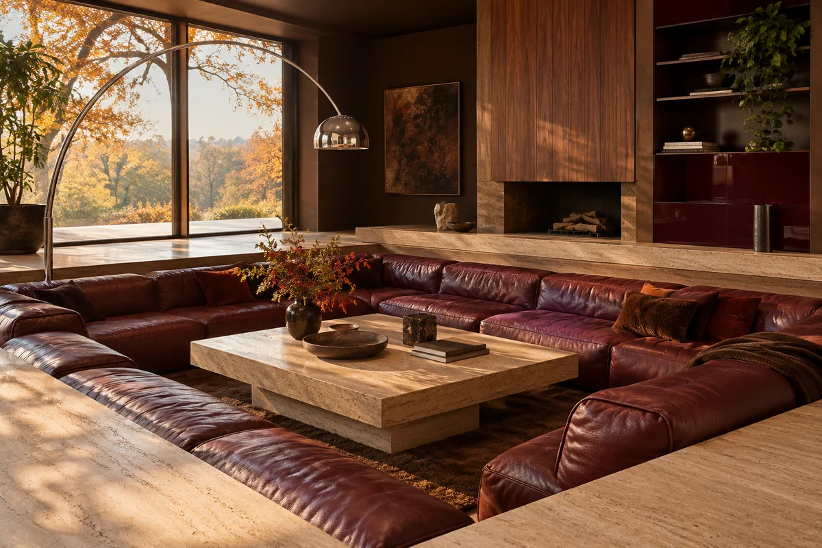 Burgundy leather seating around travertine in a walnut and chocolate conversation room.