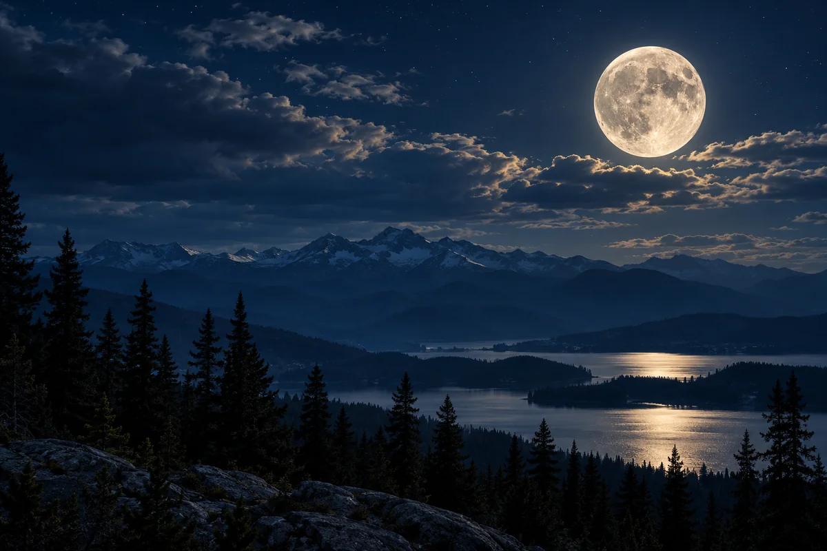 A silver full Moon above a dark treeline and quiet blue clouds.