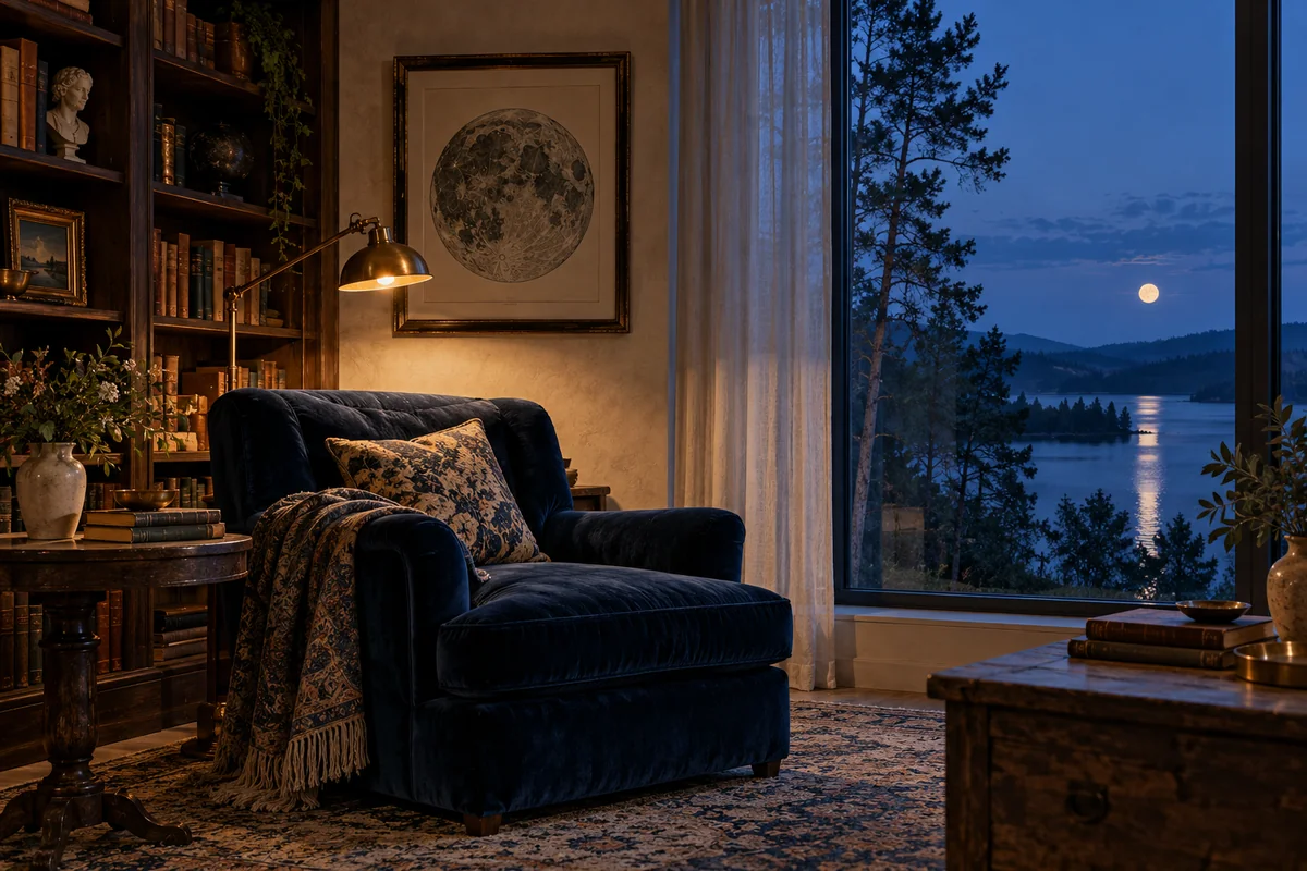 A midnight-blue velvet chair, reading lamp and framed lunar plate beside a window onto a moonlit lake.