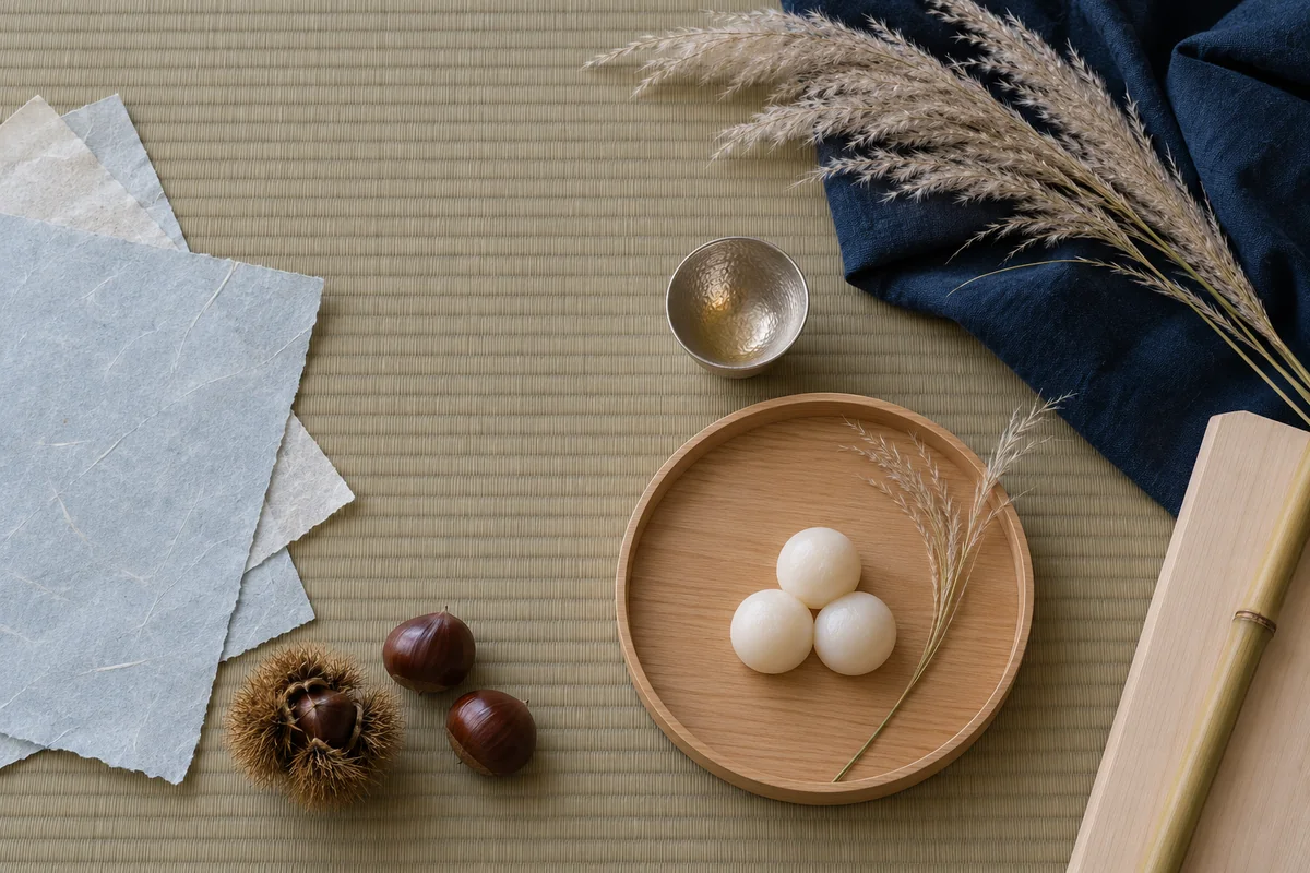 Washi, hinoki, bamboo, indigo cloth, pampas grass, rice dumplings and chestnuts on tatami.