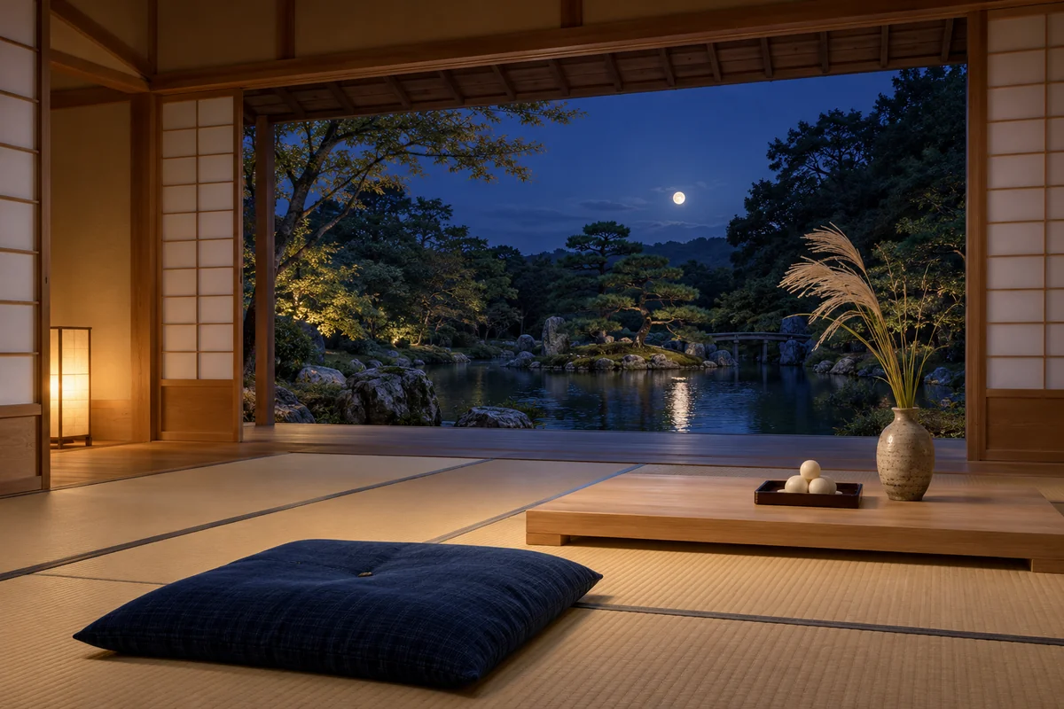 A low tatami room with washi screens, indigo cloth and pampas grass opens onto a moonlit pond.