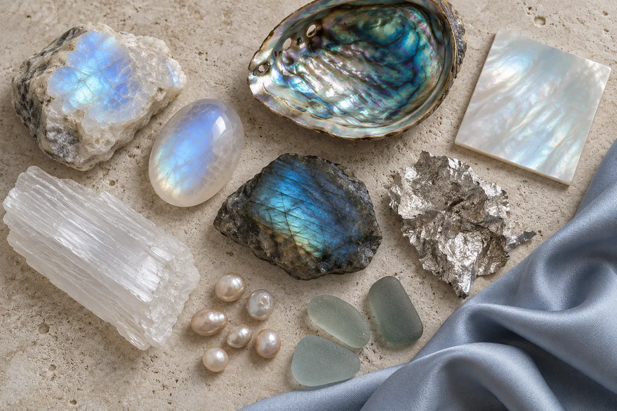 Moonstone, mother-of-pearl, labradorite, silver, selenite, pearls and sea glass arranged on pale stone.