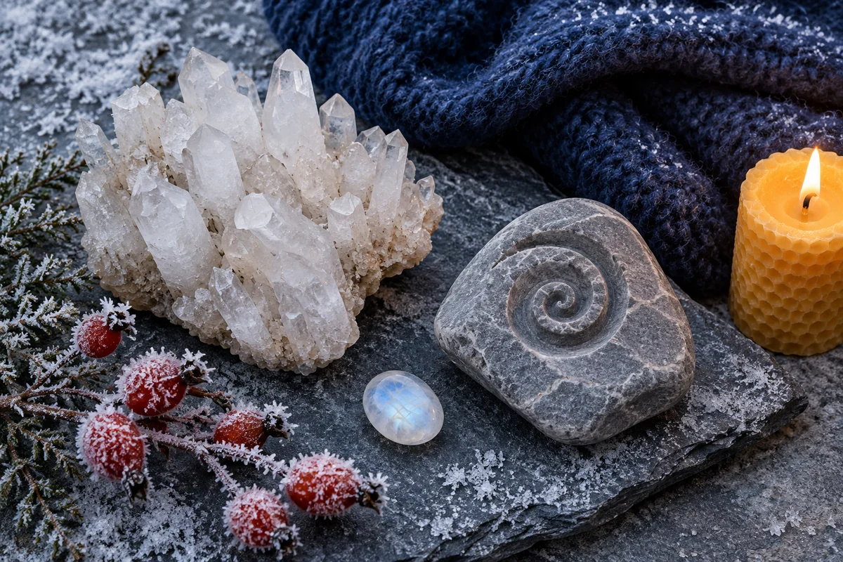 Quartz, a contemporary spiral-carved stone, frosted slate, indigo wool and beeswax form a winter material study.