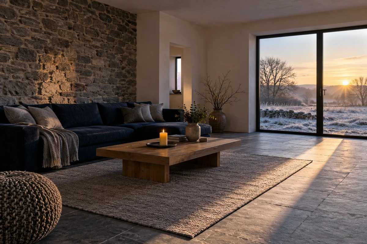 A contemporary stone retreat with an indigo sofa and pale plaster receives a narrow beam of dawn light across its floor.
