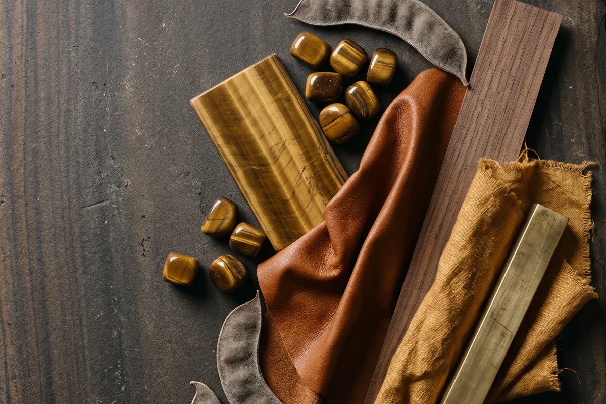 A polished tiger's eye slab, tumbled stones, cognac leather, walnut, ochre silk and a brass bar on dark ironstone.