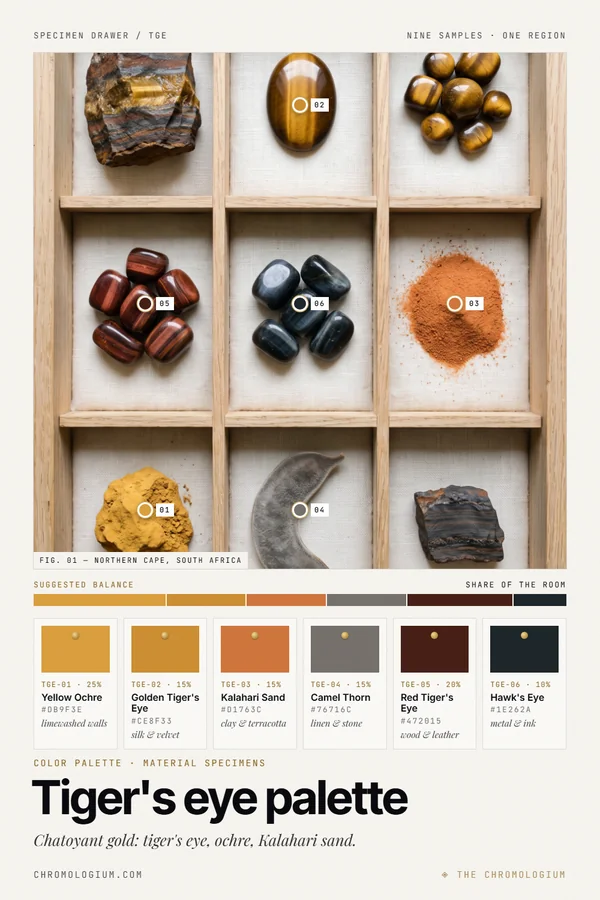 Overhead view of an oak specimen tray with nine compartments holding raw tiger's eye in dark ironstone, a polished golden tiger's eye cabochon, tumbled golden stones, red tiger's eye, blue-grey hawk's eye, red sand, yellow ochre, a grey seed pod and a piece of ironstone, with six labeled paint chips and a proportion bar below.