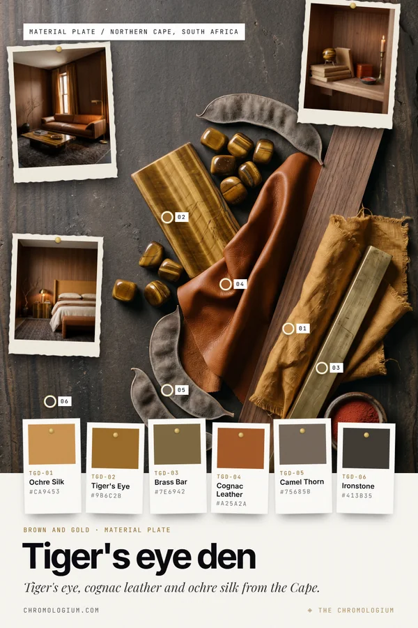 Mood board on dark banded ironstone with a polished tiger's eye slab, tumbled tiger's eye, cognac leather, a walnut strip, ochre silk, a brass bar, grey seed pods and a dish of red sand, with three pinned photos of a walnut-panelled den with a cognac leather sofa, a bedroom with an ochre headboard and a shelf with a tiger's eye sphere, and six labeled paint chips below.
