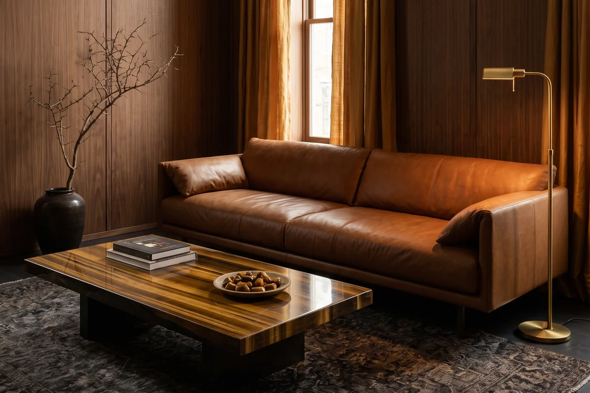 A cognac leather sofa, a golden-brown stone coffee table, ochre curtains and a brass lamp in a walnut-panelled room.