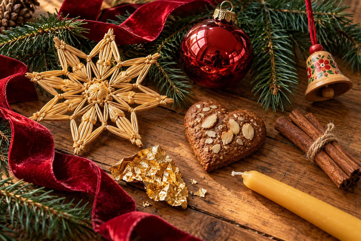 A woven straw star, ruby glass bauble and almond gingerbread sit with fir, gold foil and burgundy ribbon.