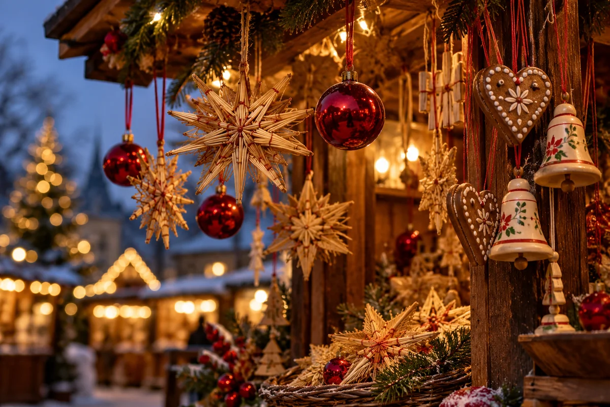 Woven straw stars and red glass ornaments hang above gingerbread and simple wooden decorations.