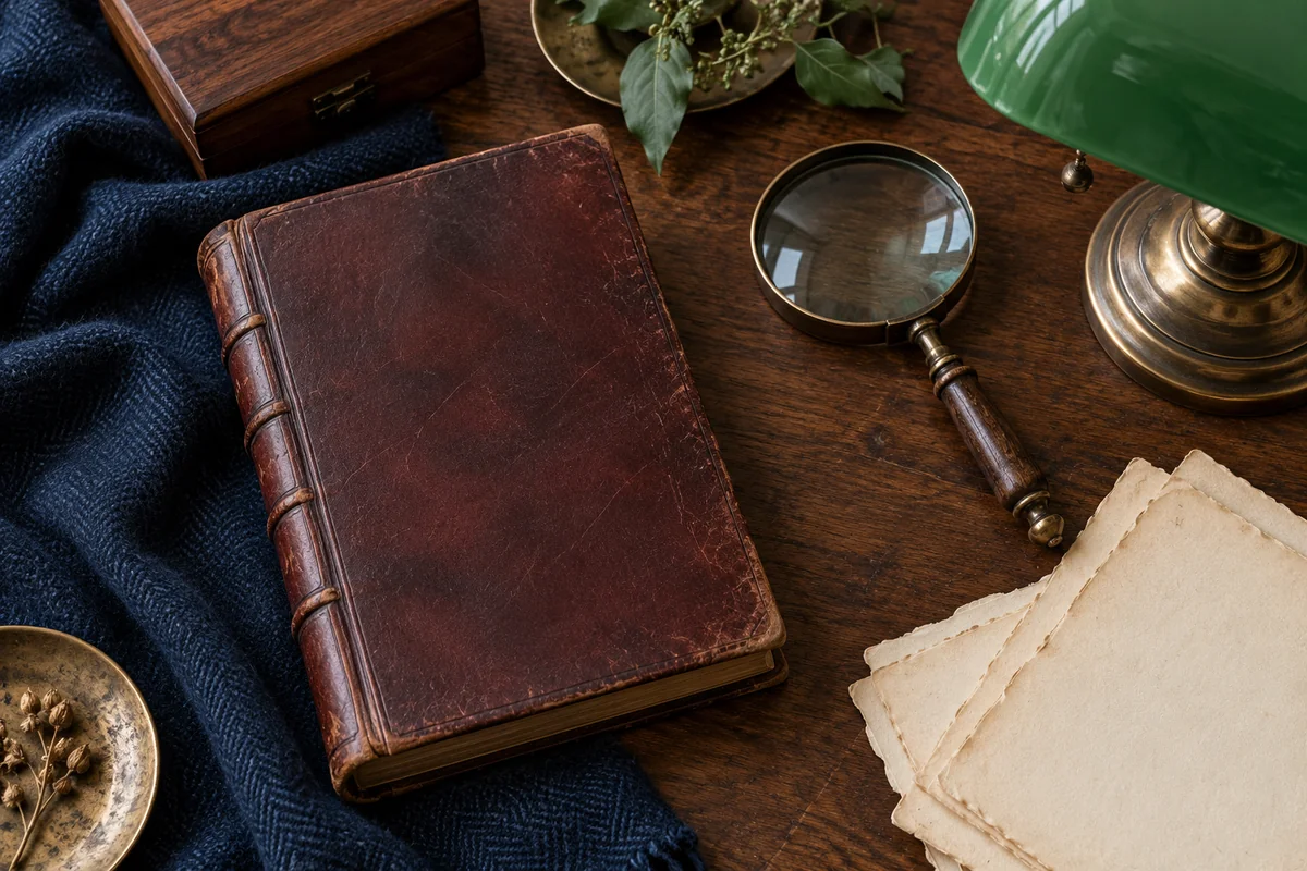 Oxblood leather, navy wool, walnut, aged brass, green glass and warm paper.