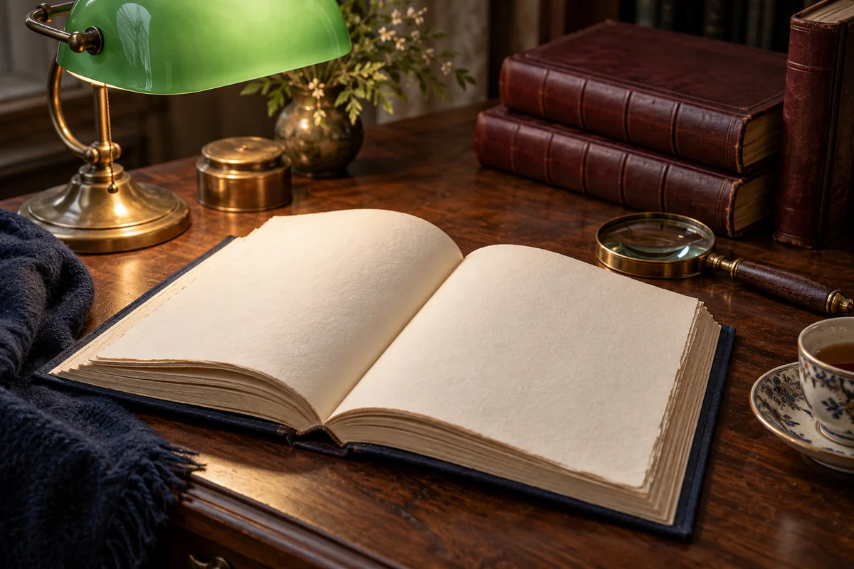 Open unlettered book beside a green glass lamp and leather-bound volumes.