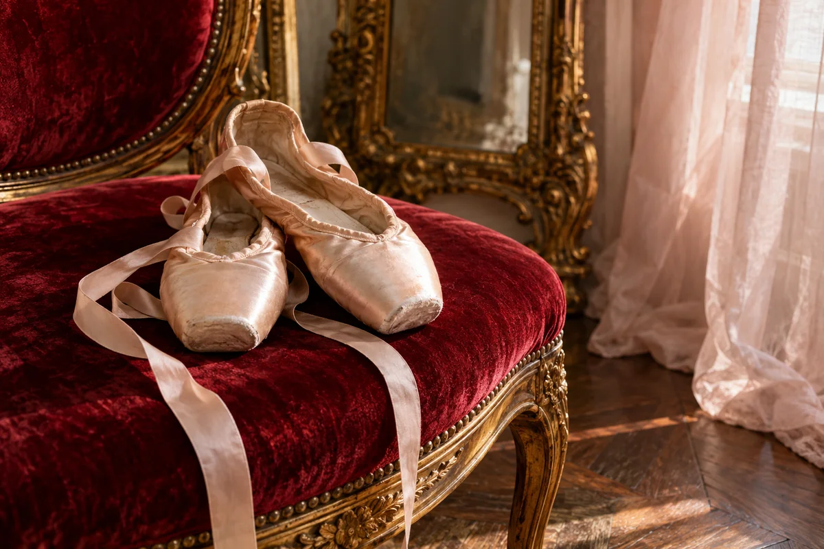 A pair of pale satin pointe shoes with loose ribbons rests on a deep red velvet chair beside a gilt mirror.