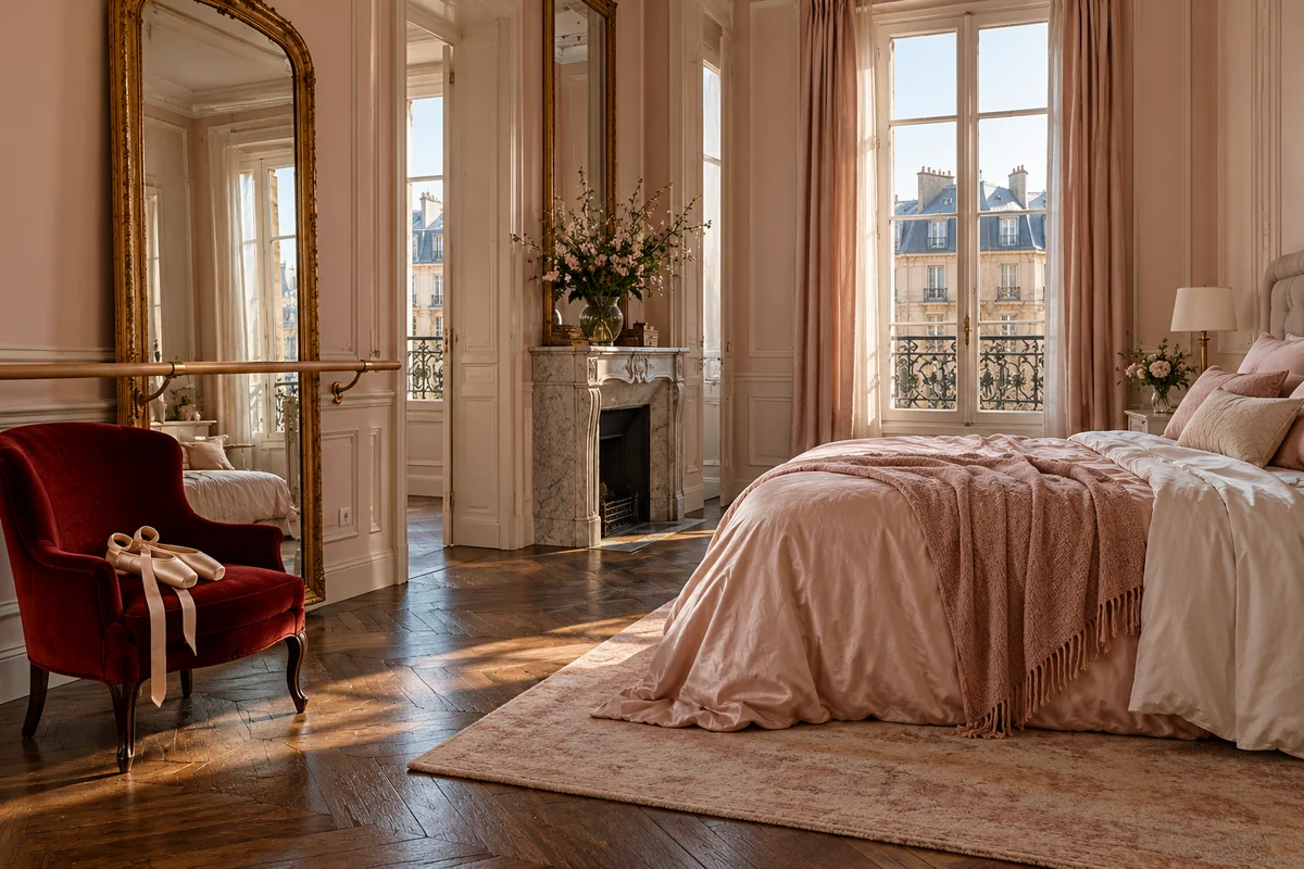 A blush Parisian bedroom with pale bedding, a gilt mirror, a ballet barre and one deep red velvet chair above dark parquet.