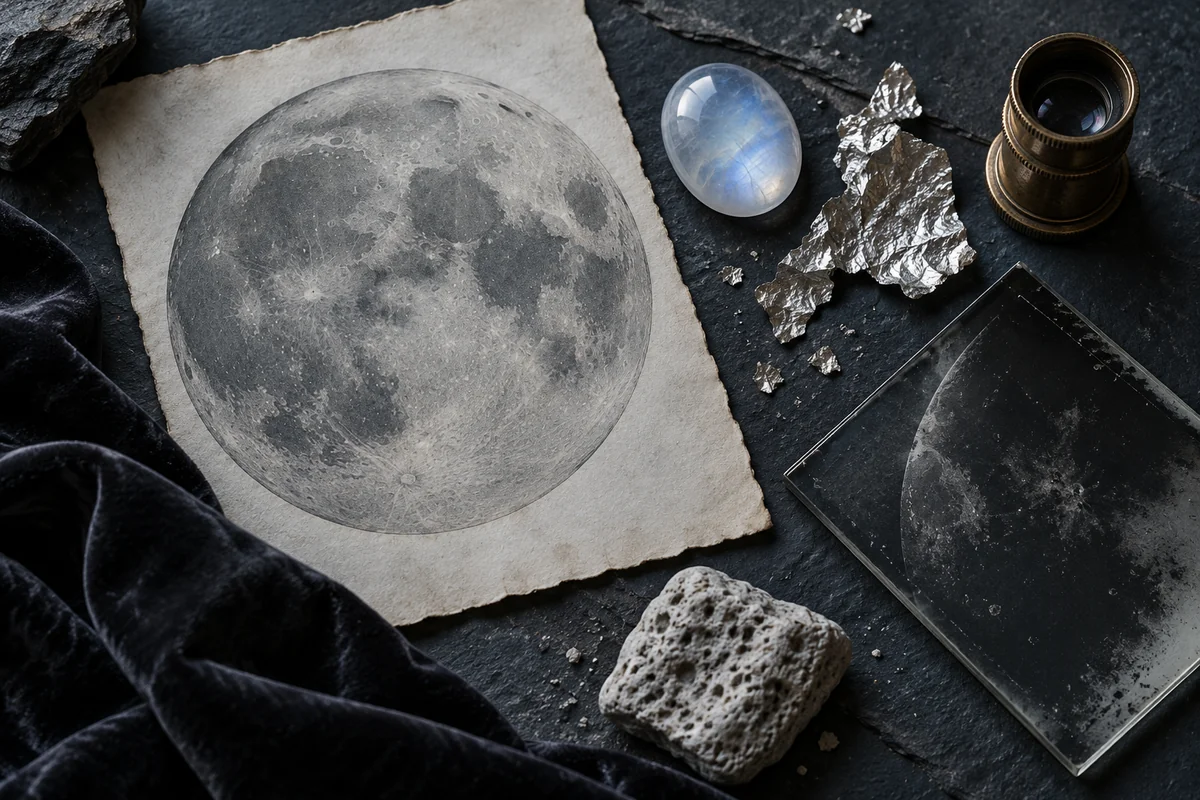 A lunar print, moonstone, silver leaf, a brass eyepiece, glass, charcoal velvet and pale paper on blue-black slate.