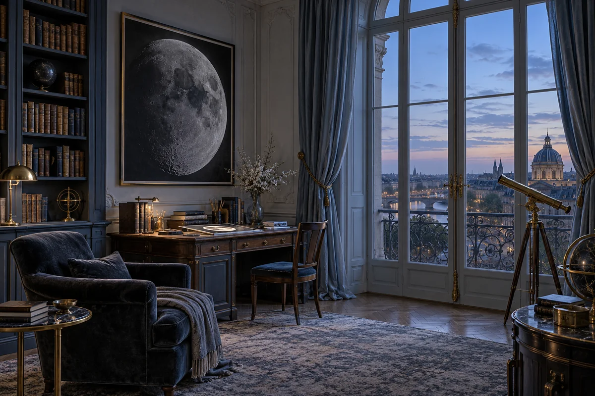 Pale blue walls, a charcoal reading chair, a brass telescope and a large lunar print in an imagined Parisian room.