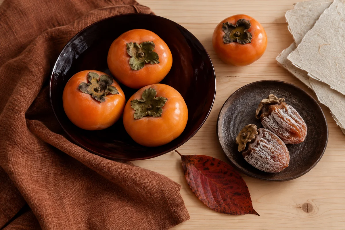 Persimmons, dried fruit, russet linen, pale hinoki, washi and a dark lacquer bowl.