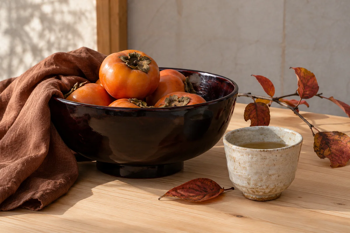 Lacquer bowl of persimmons beside a handmade cup and warm linen.