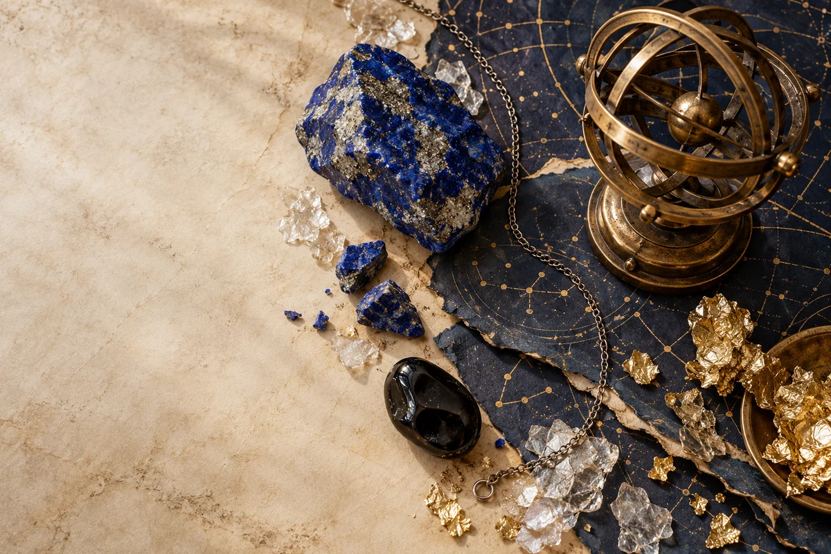 Rough lapis, pale vellum, gold leaf and a bronze armillary sphere lie on dark blue star-patterned paper.