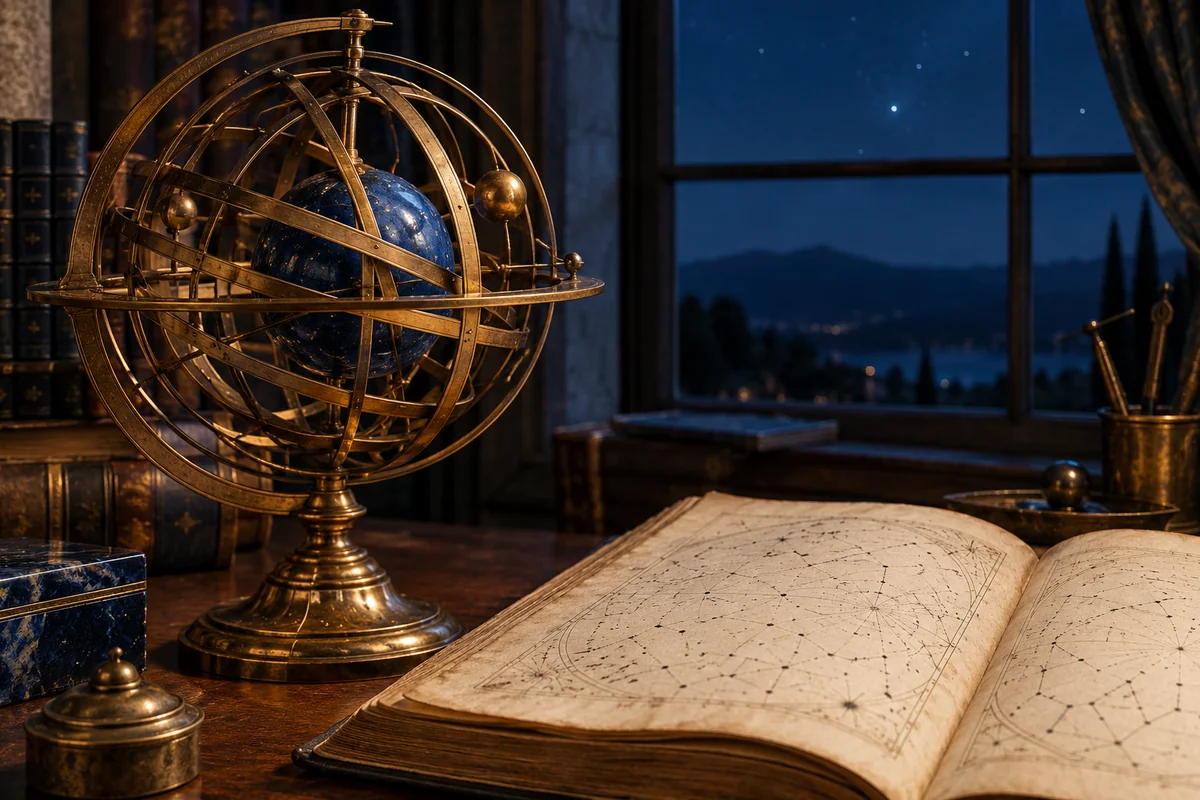 A bronze armillary sphere stands beside an unlabeled celestial atlas and a window onto the evening sky.